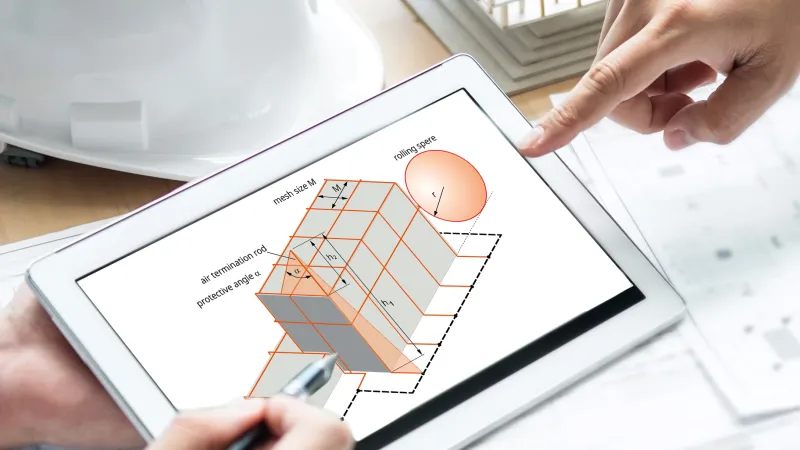 Hands pointing at a 3D architectural model displayed on a tablet, with a white construction helmet and a calculator on the table.