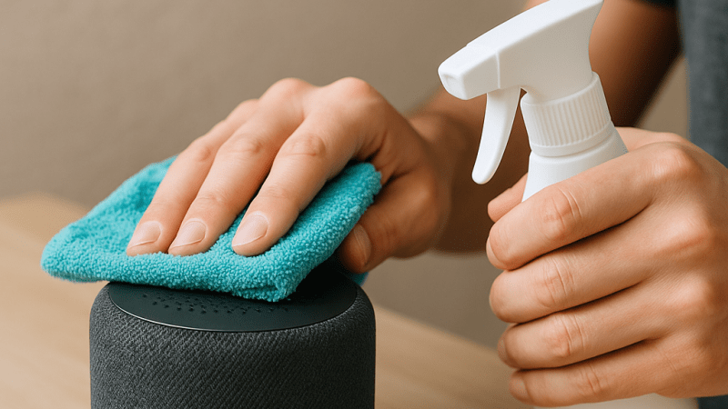 un passaggio della pulizia di uno smart speaker