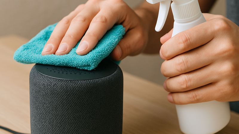 un passaggio della pulizia di uno smart speaker