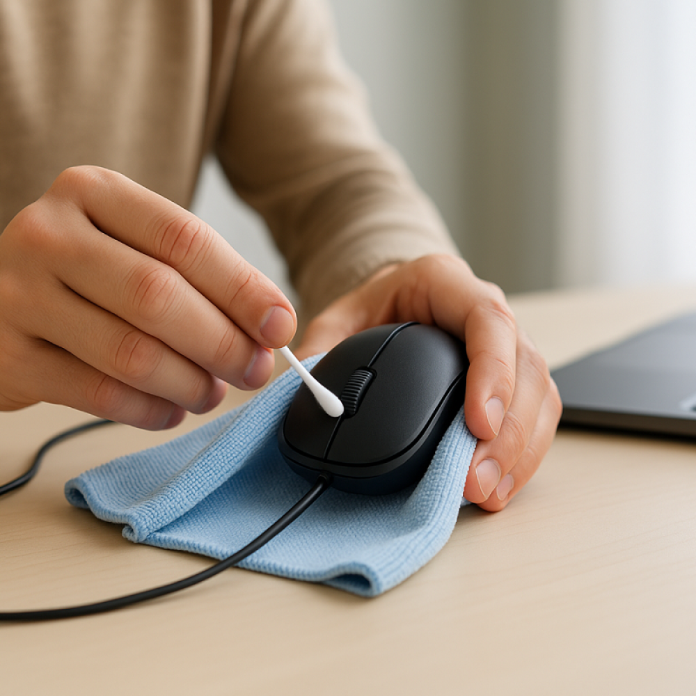 una persona pulisce un mouse usando un cotton fiocc