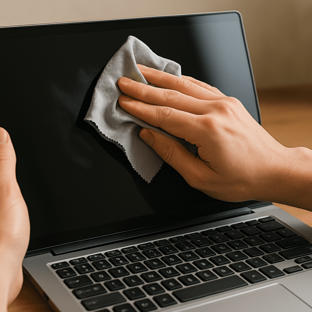 una fase della pulizia dalle impronte digitali da un notebook
