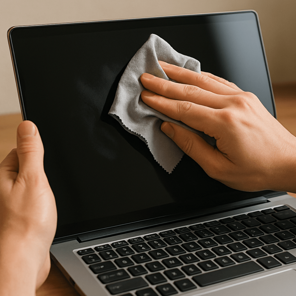 una fase della pulizia dalle impronte digitali da un notebook