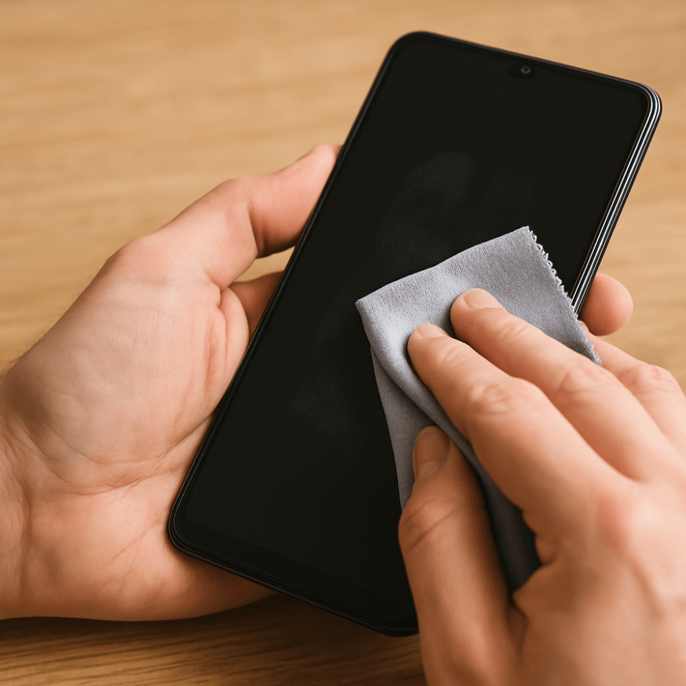 una fase della pulizia delle impronte digitali da uno smartphone