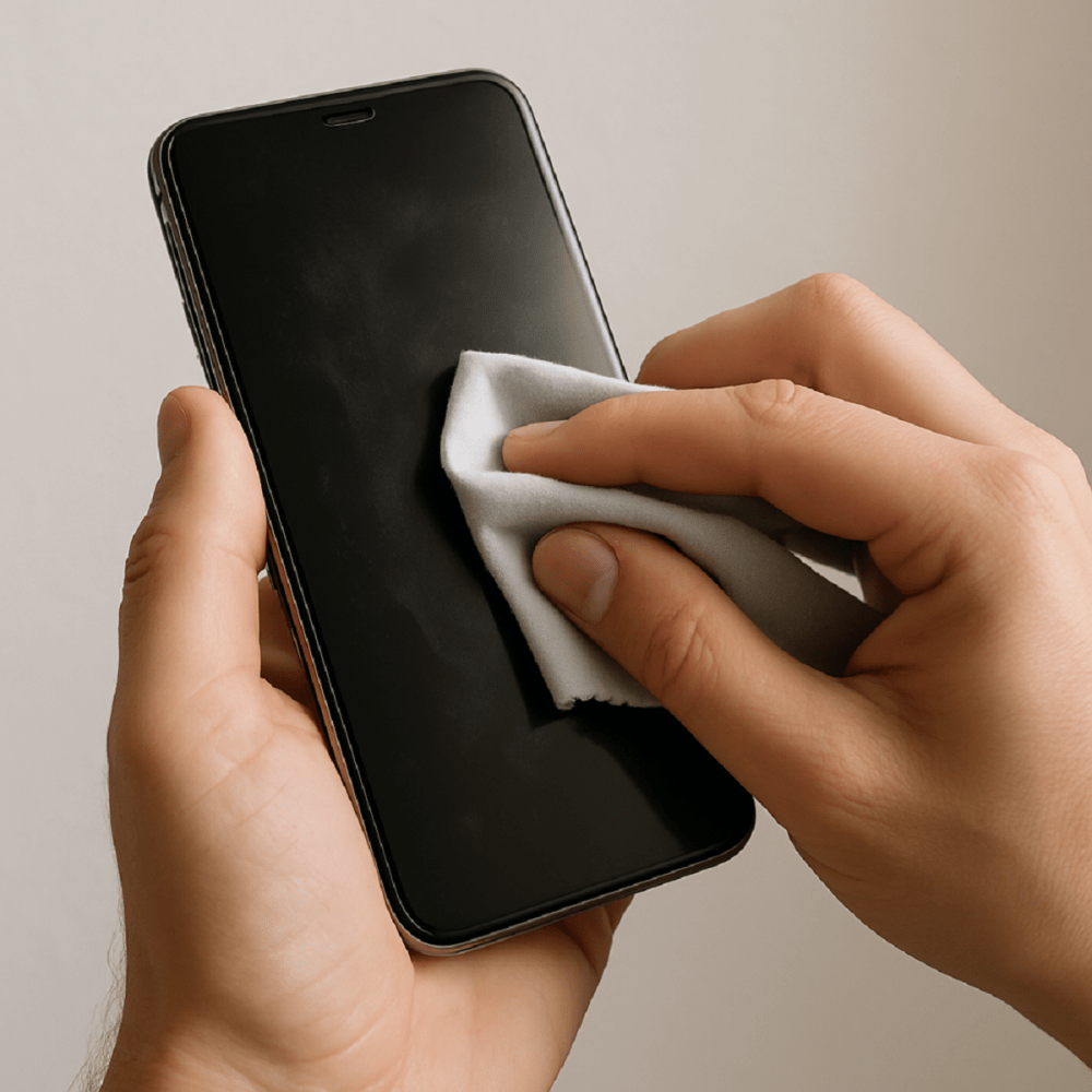 lo schermo touch di uno smartphone in fase di pulizia