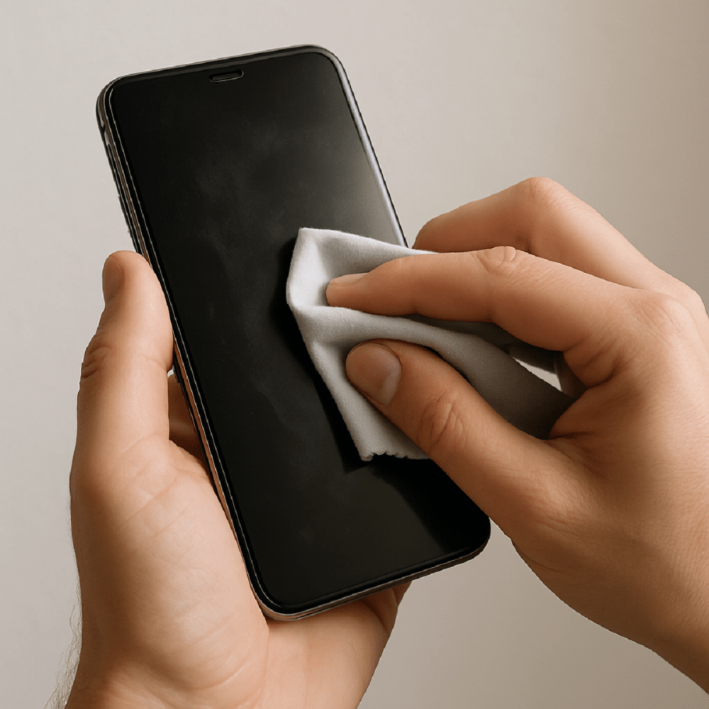 lo schermo touch di uno smartphone in fase di pulizia