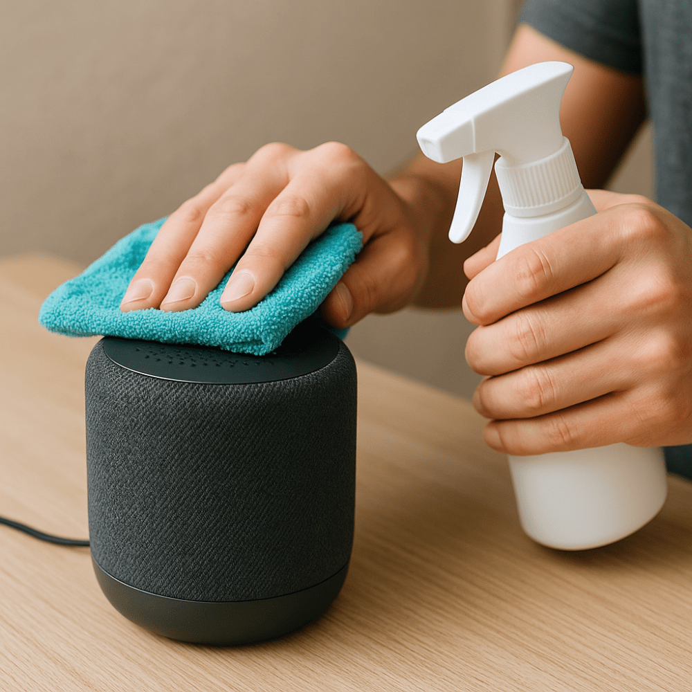 un passaggio della pulizia di uno smart speaker