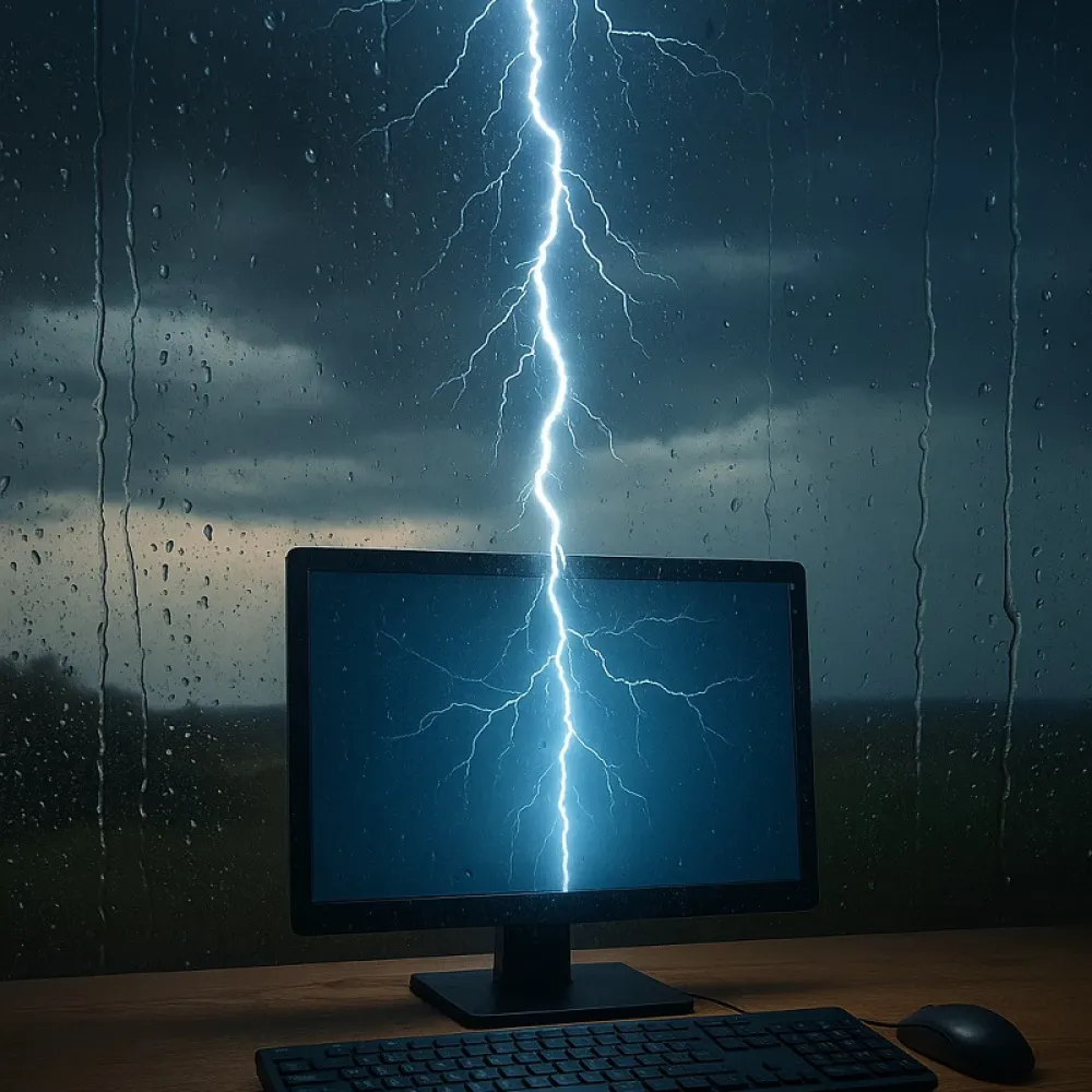 un fulmine colpisce un pc durante un temporale