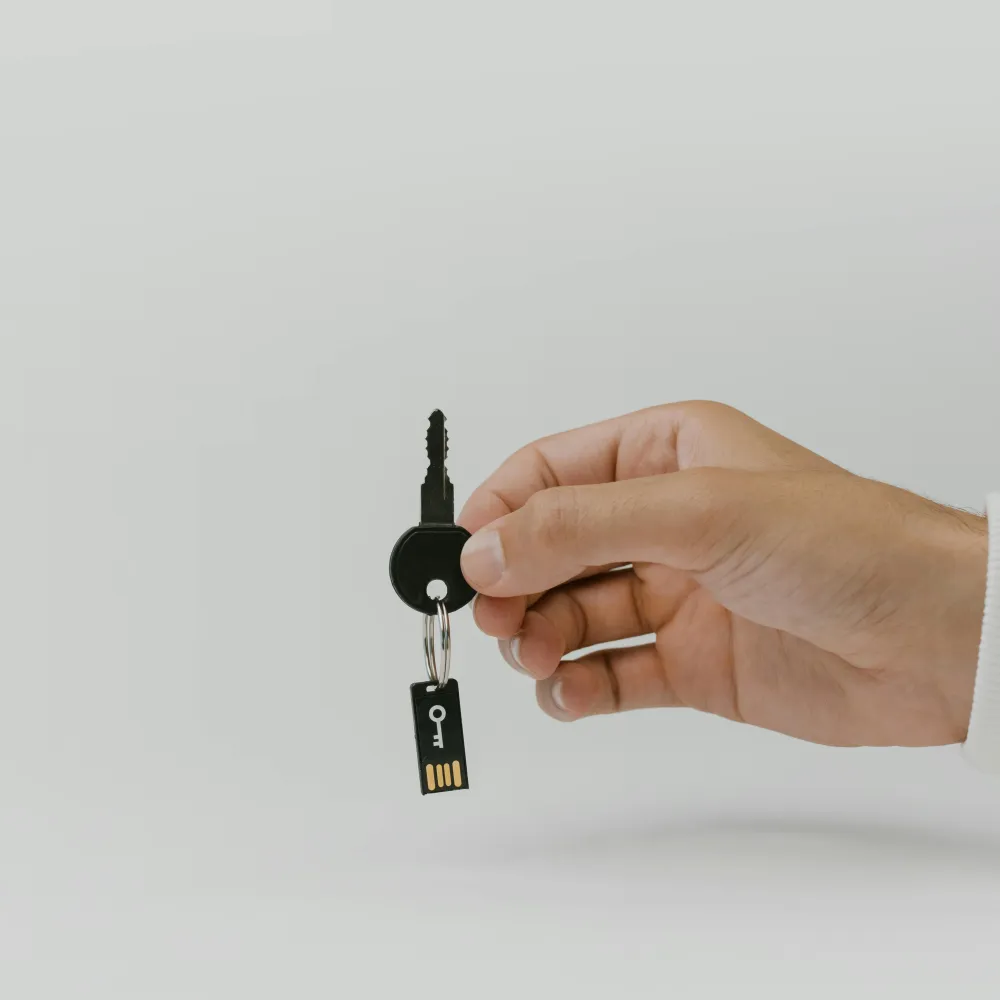 una chiavetta usb a forma di portachiavi. Utilissima per i backup dei file più importanti