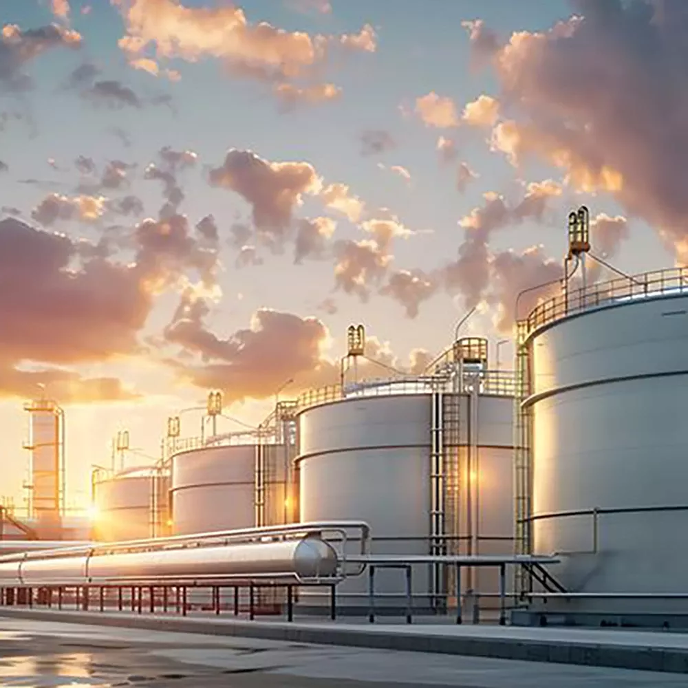 Serbatoi di petrolio al tramonto, con superfici luccicanti e tubature in primo piano.