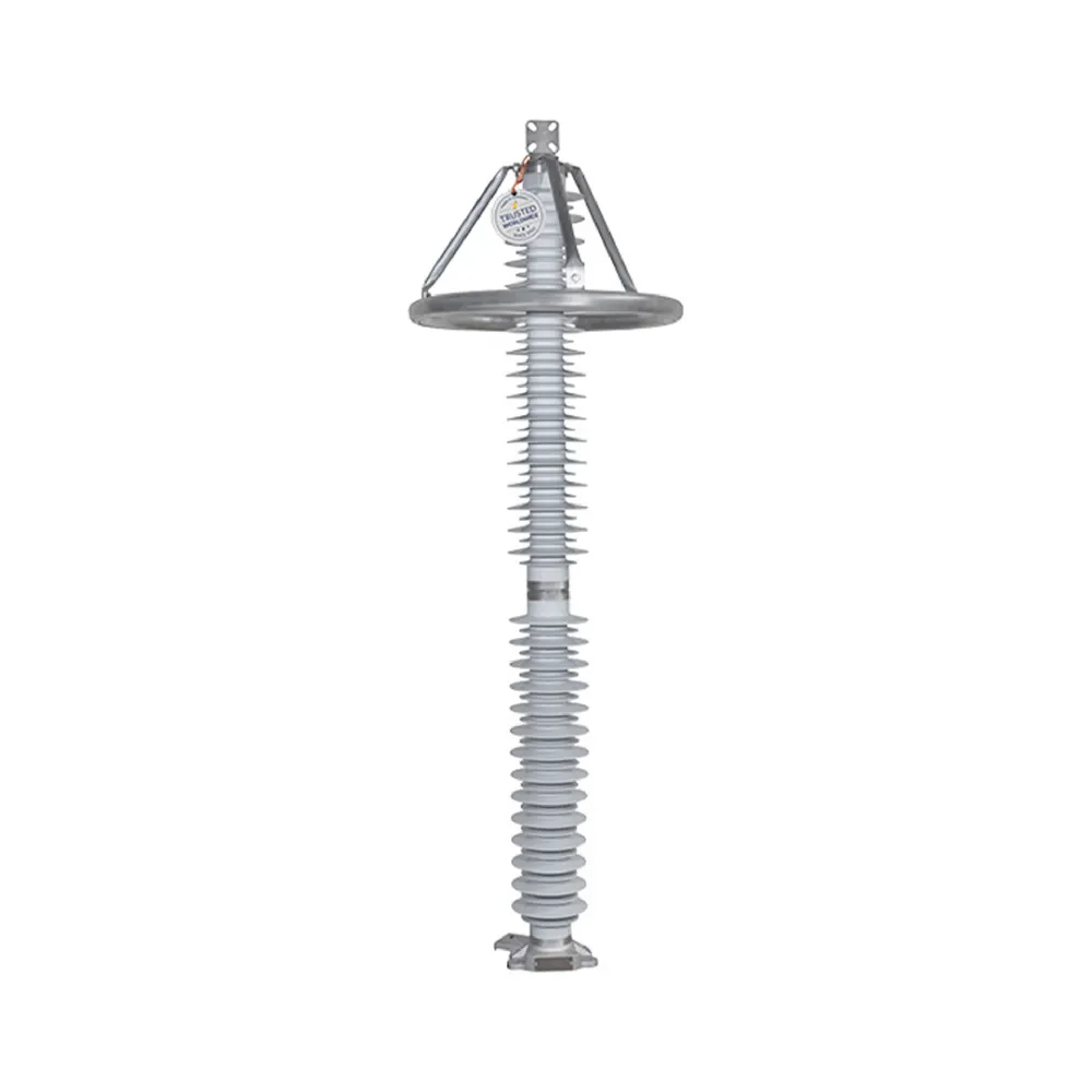 High-voltage surge arrester with ring electrode isolated on a white background.