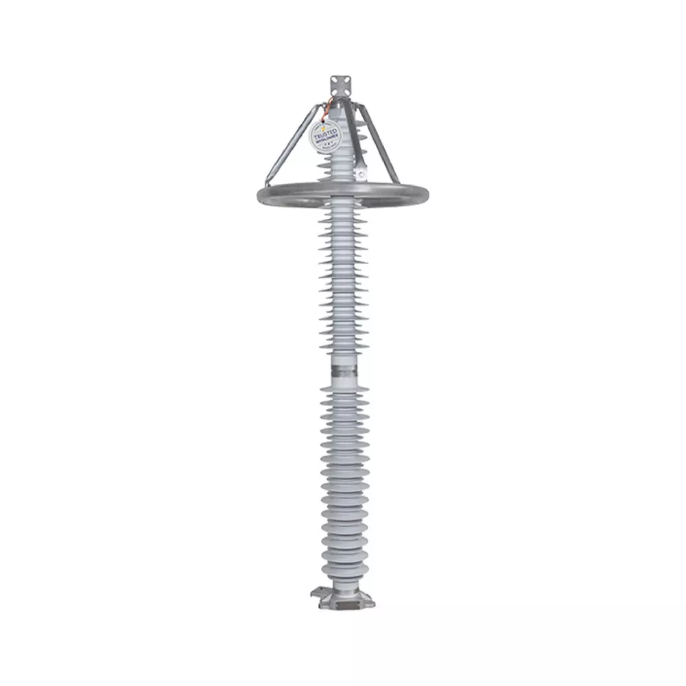 High-voltage surge arrester with ring electrode isolated on a white background.