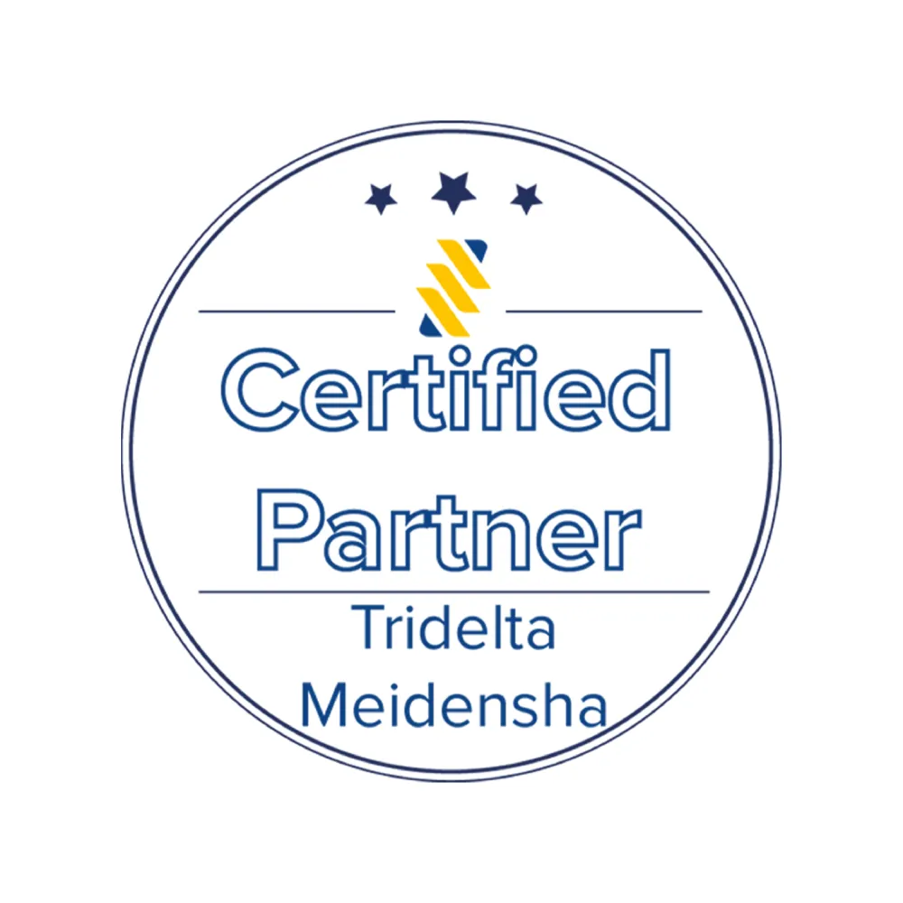 Certified Partner seal with Tridelta Meidensha text and three stars in a circular design.