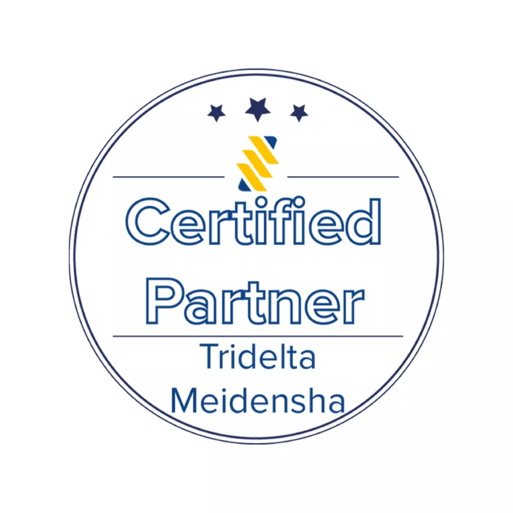 Certified Partner seal with Tridelta Meidensha text and three stars in a circular design.