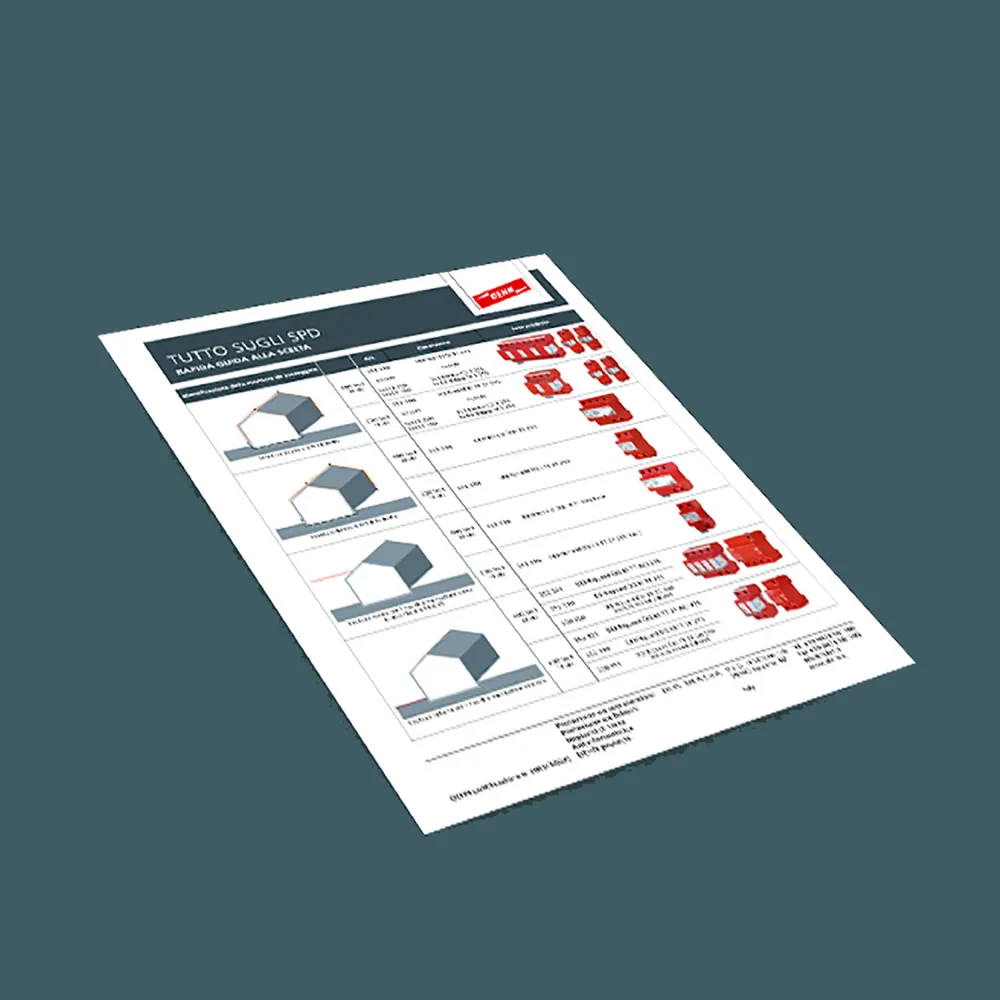 Preview image of an Italian SPD product guide document with charts and red electrical components.