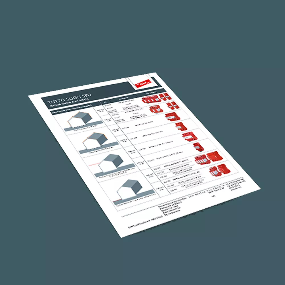 Preview image of an Italian SPD product guide document with charts and red electrical components.