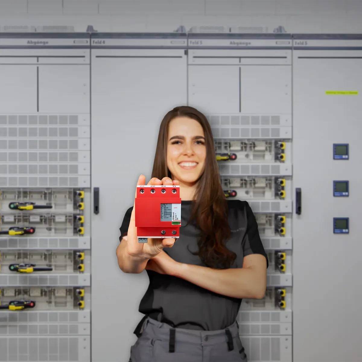 Una donna con uno scaricatore combinato rosso in mano davanti a un quadro elettrico di bassa tensione.