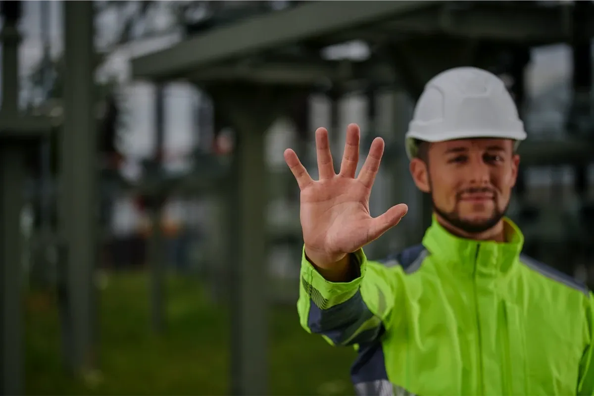 Un uomo con tuta protettiva gialla e casco bianco mostra cinque dita.