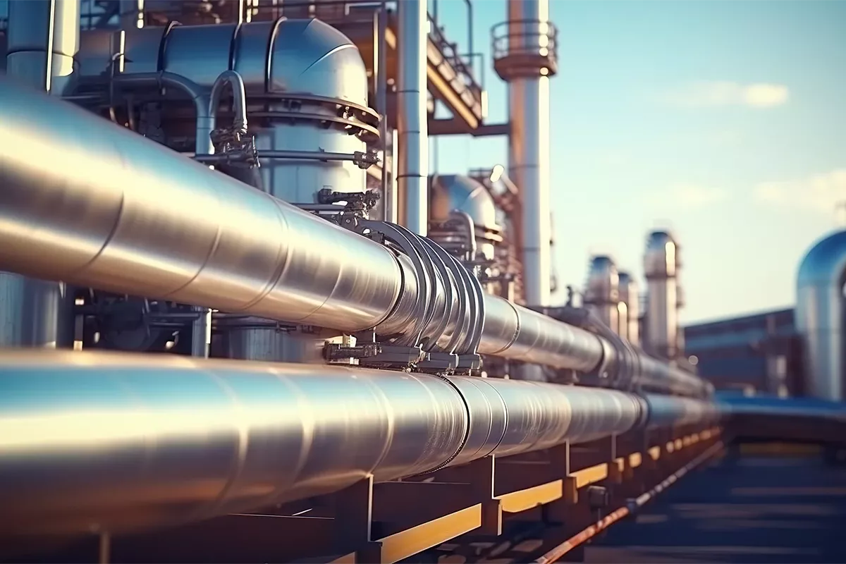 Industrial plant with stainless steel pipelines, valves, and pressure vessels running along a process facility under clear daylight.