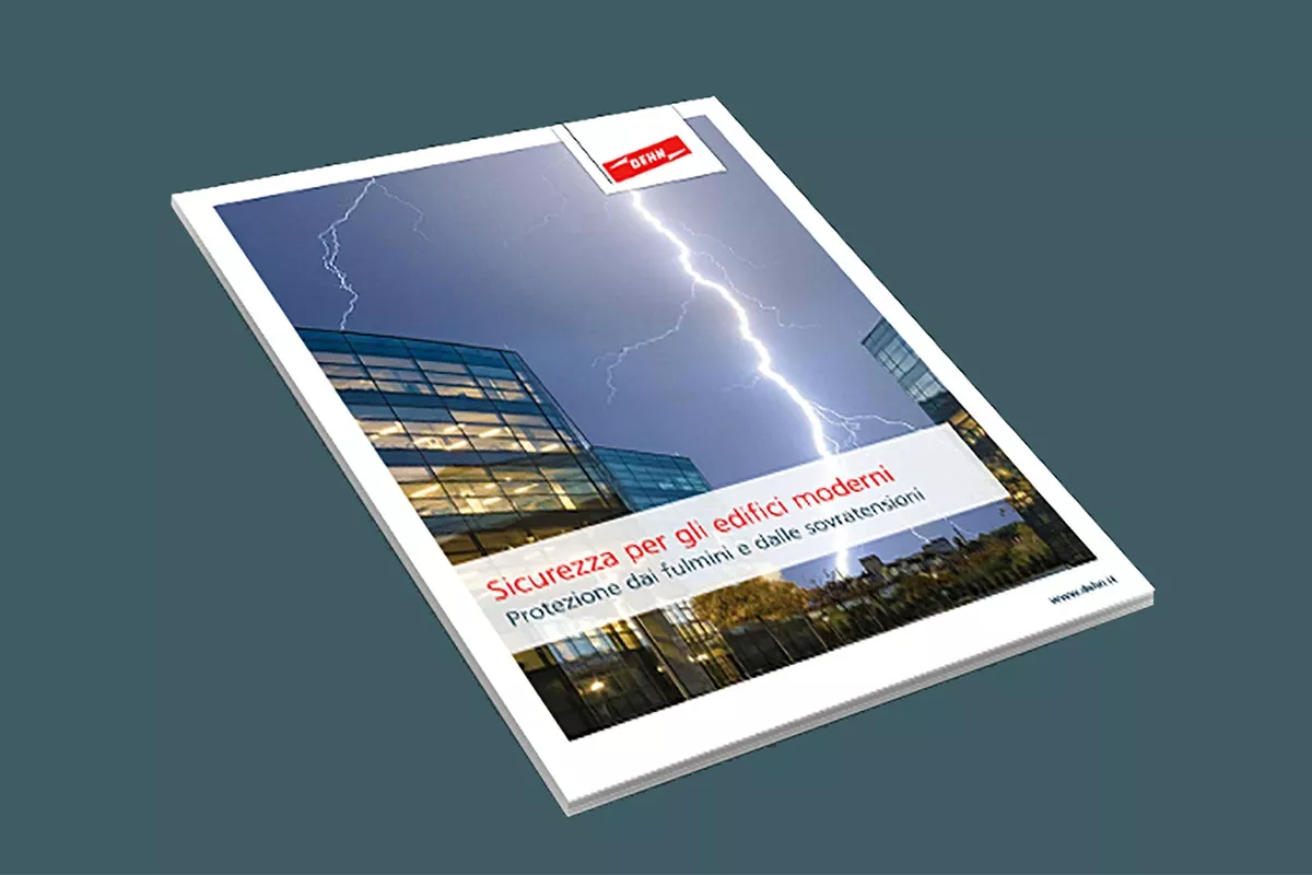 Preview image of an Italian brochure about lightning and surge protection for modern buildings.