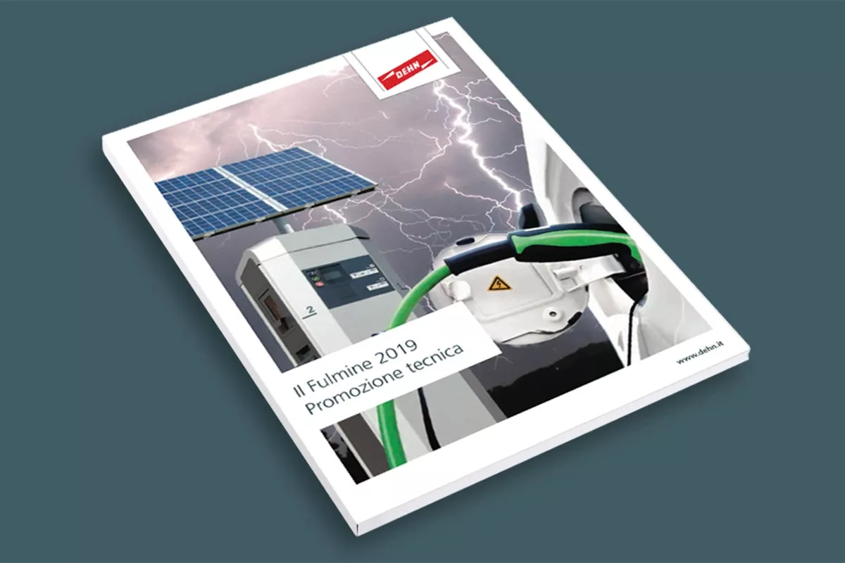 Preview image of an Italian technical brochure with solar panels, EV charging station, and lightning background.