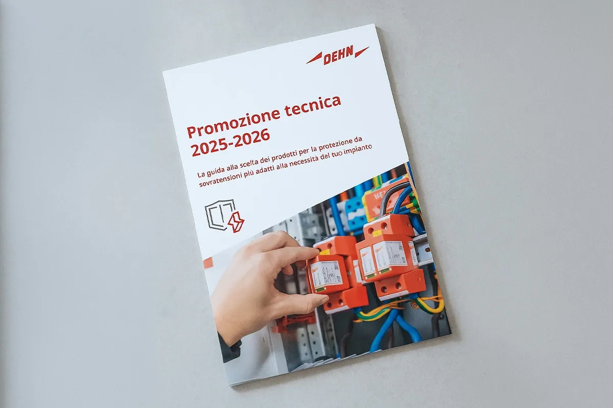 Preview image of an Italian technical promotion brochure with electrical components and wiring equipment.