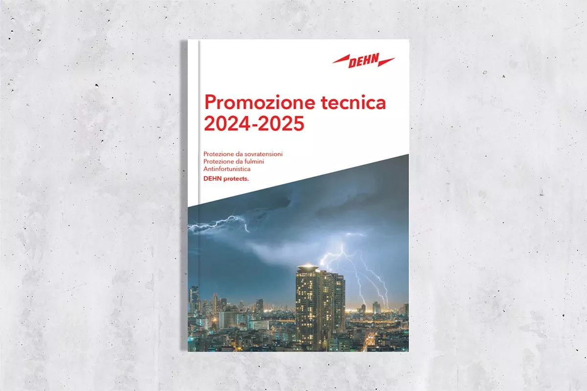 Preview image of an Italian technical promotion catalog with lightning striking a city skyline at night.