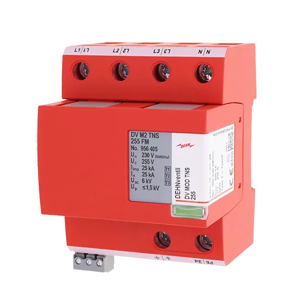 Red Dehnventil DV M2 TNS 255 FM surge protection device with labeled terminals and technical specifications on front